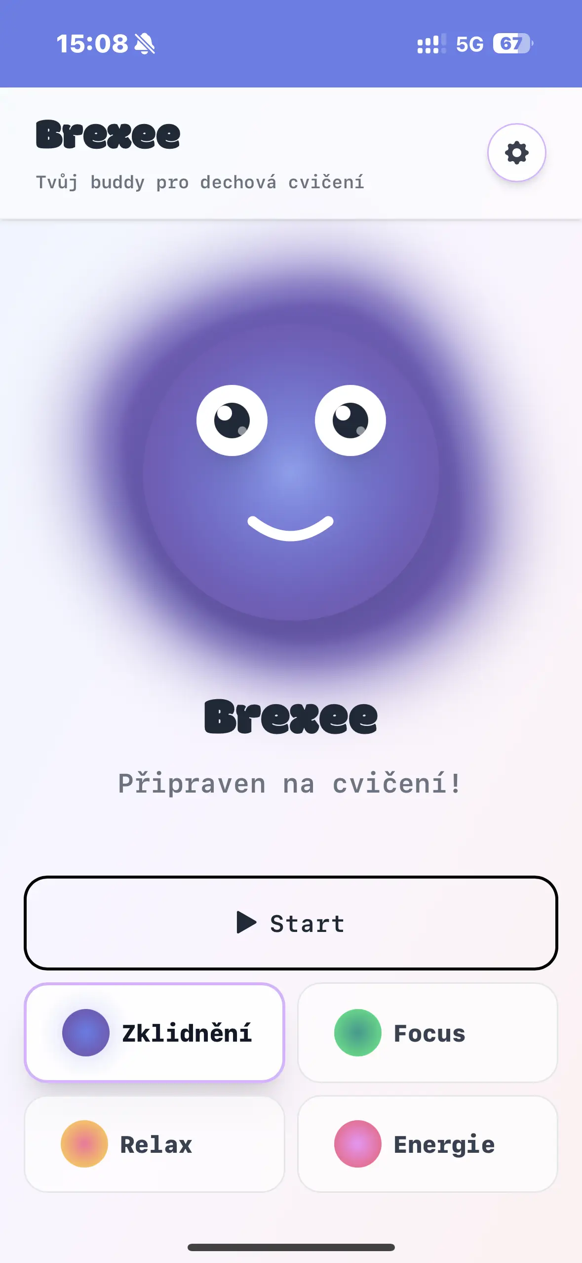 Brexee aplikace - Main Interface: Fullscreen aplikace s animovaným avatarem